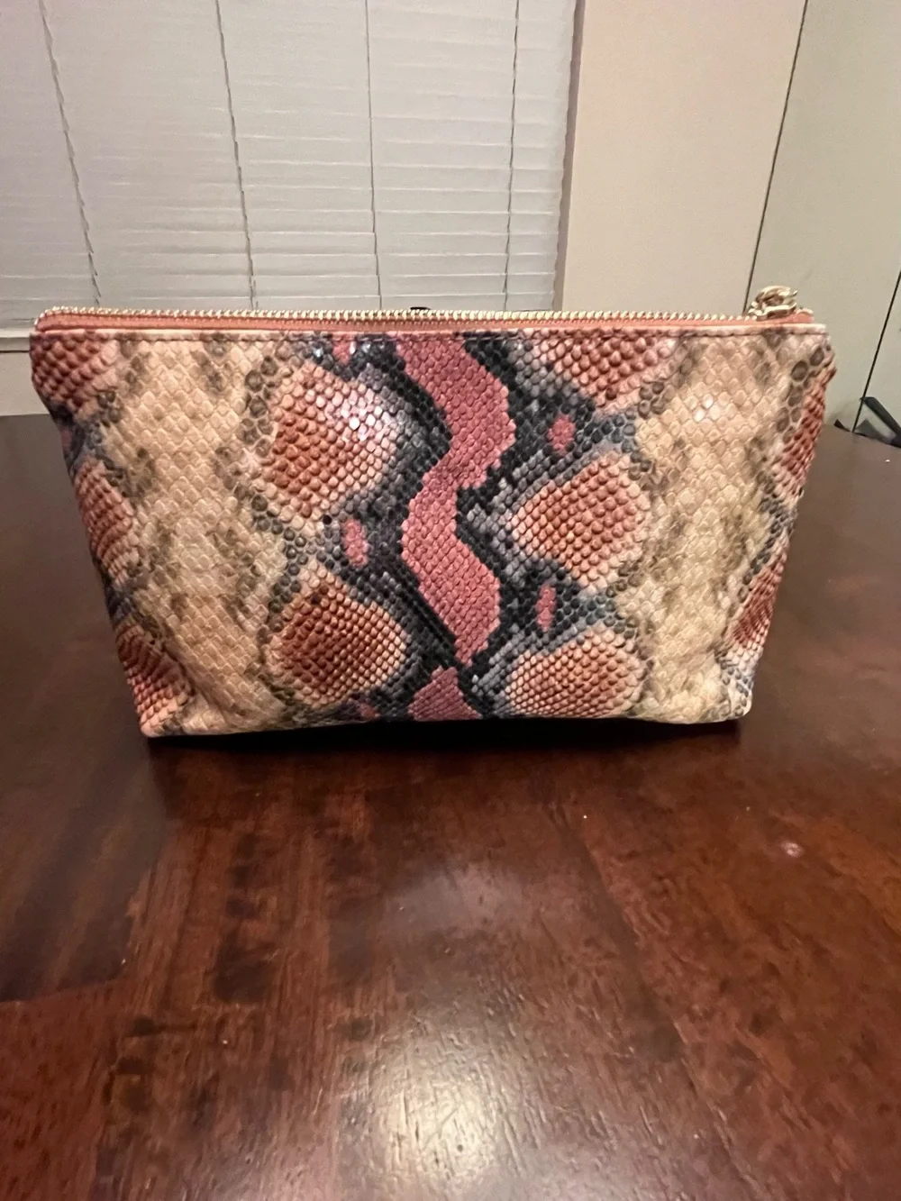Vince Camuto Pink and Beige Snake-Print Cosmetic Pouch with Gold Hardware